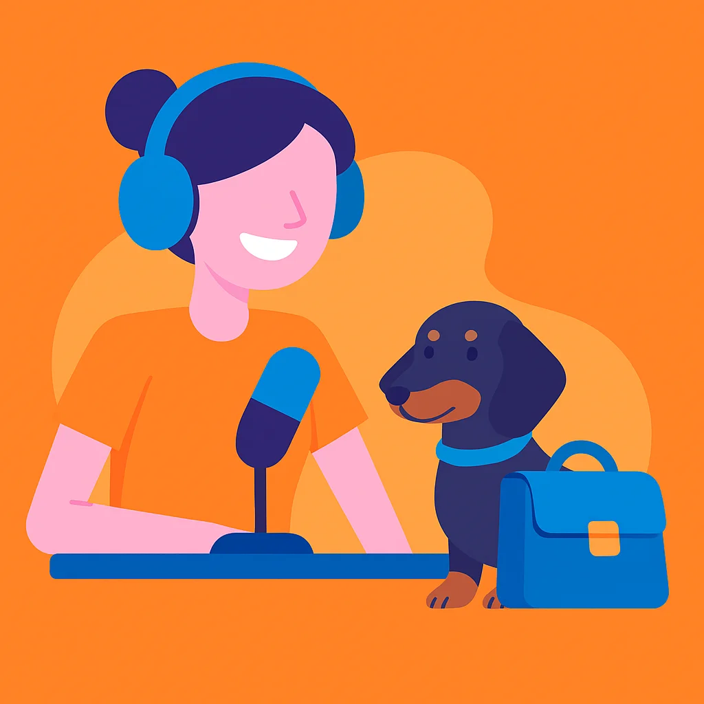 Illustration des mascottes Simplcom : une femme au micro et un teckel avec un cartable, sur fond orange, représentant l’agence et la formation.