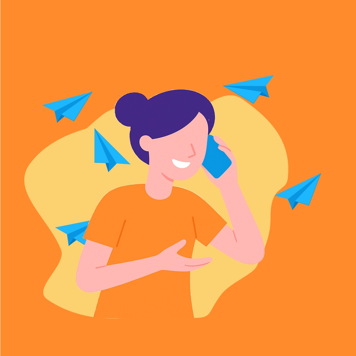 illstration d'une femme appelant sur un portable avec des avions en papier qui volent derrière elle